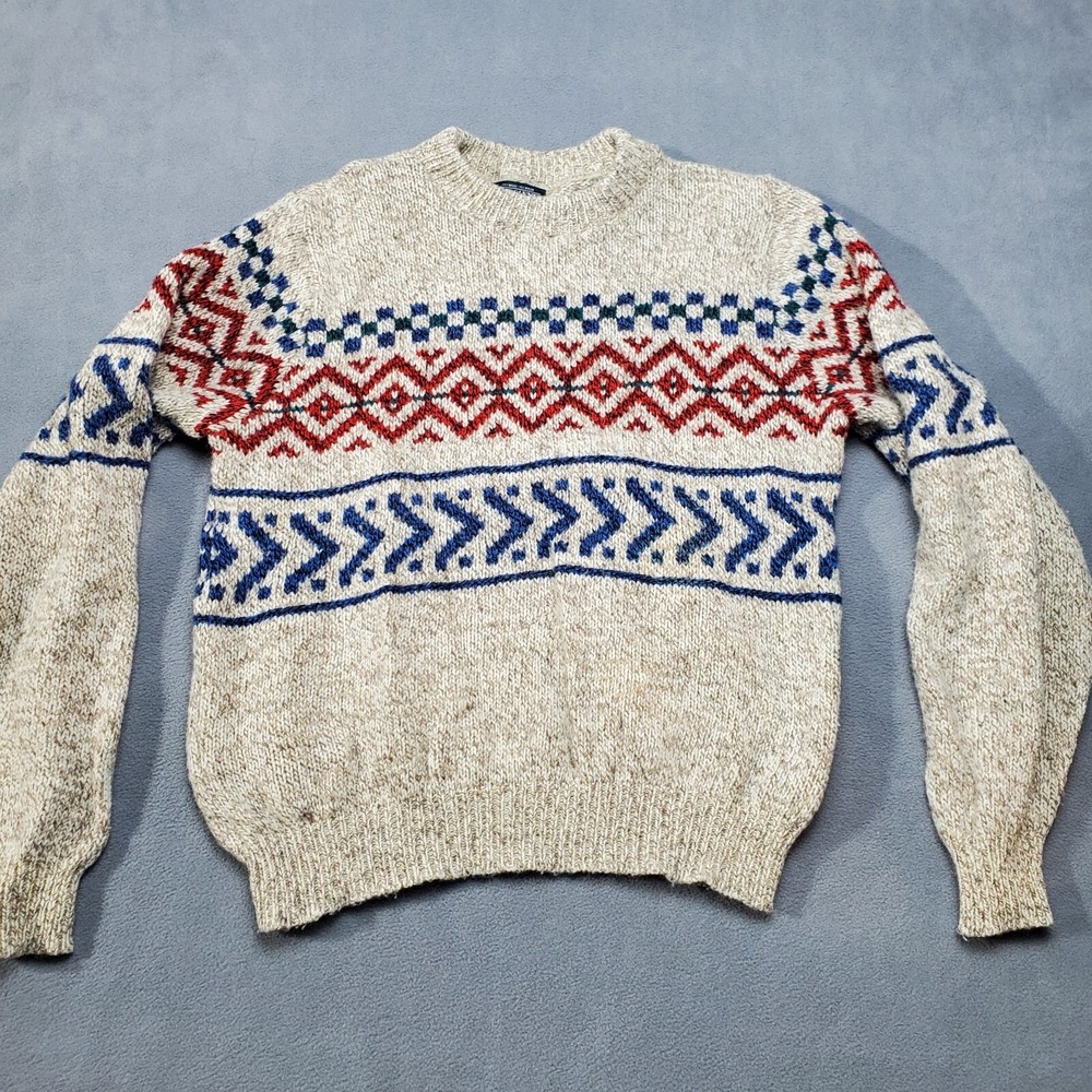 Vintage Lands End Sweater Womens Large Wool Blend Beige Fair Isle Blue USA Y2K